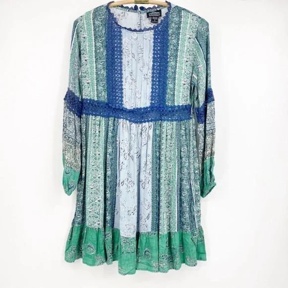 Angie Blue and Green Parsley Print w Balloon Sleeves & Lace detail S - Picture 3 of 10